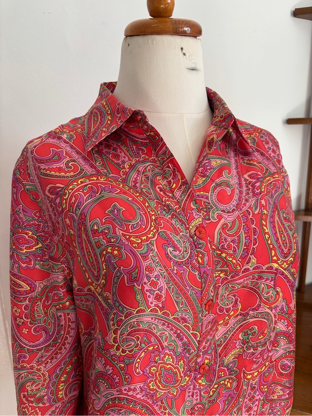 Jones New York Red Paisley 100% Silk Button-Down Blouse - Picture 2 of 5